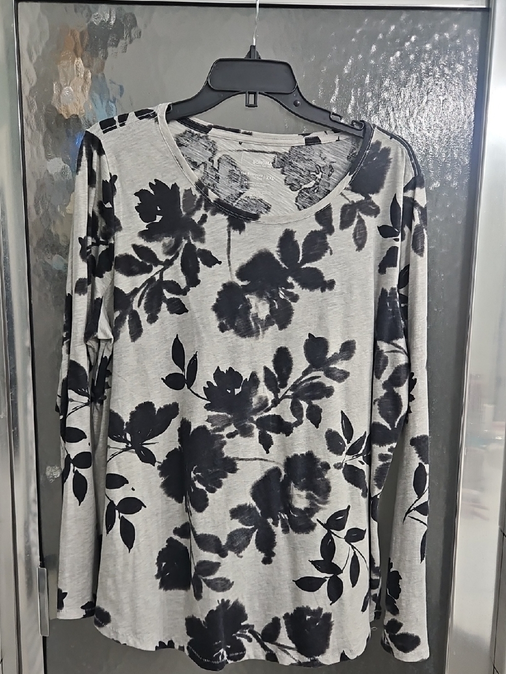 Gray Long Sleeve Floral Top with Black Print